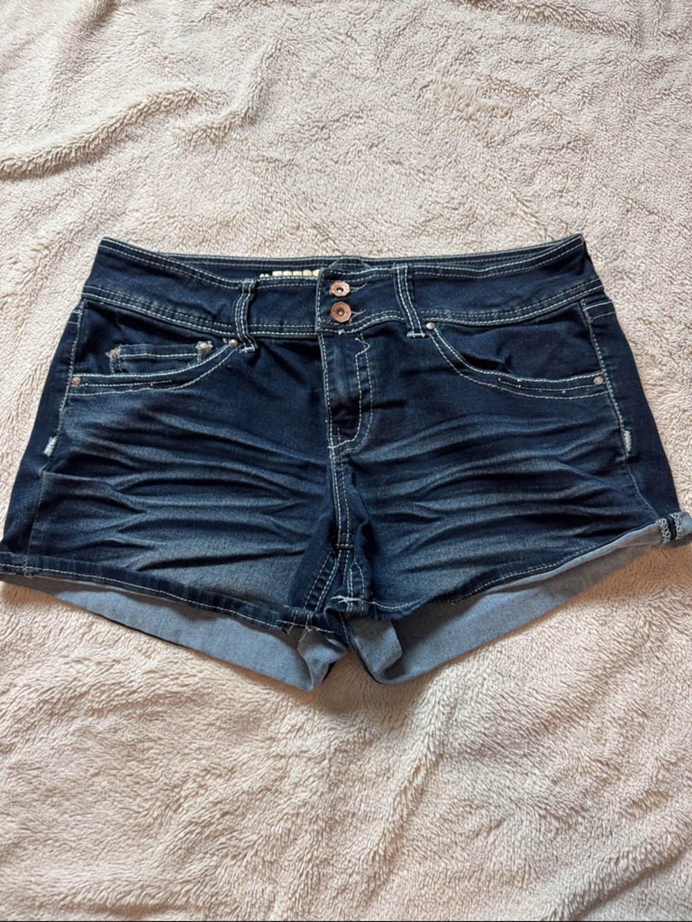 Hydraulic Dark Blue Rolled-Hem Jean Shorts